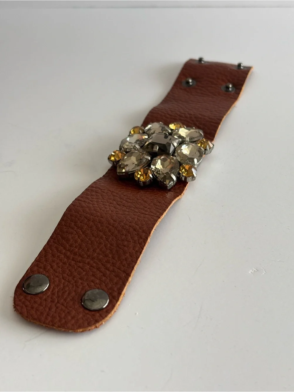 Statement Rhinestone Leather Cuff Bracelet Champagne Crystal Wide Cuff